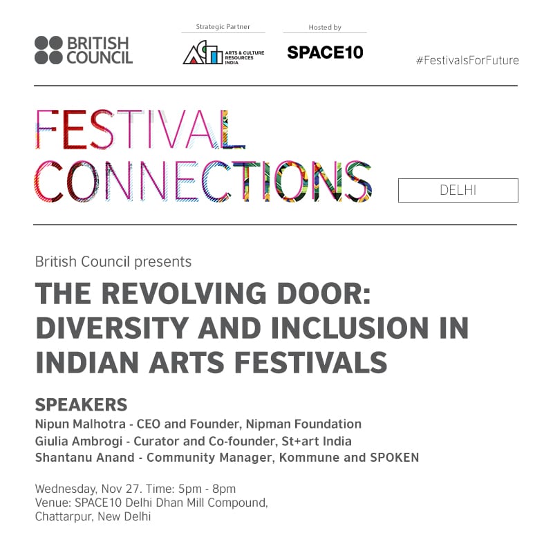 The session in Delhi had Giulia Ambrogi - Curator and Co-founder, St+art India, Nipun Malhotra - CEO and Founder, Nipman Foundation and Shantanu Anand (Community Manager, Spoken) cover various aspects of diversity and inclusion in the festival sector in India and how their organisations through their operations engage with these aspects.