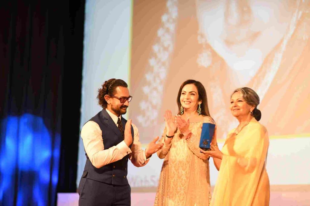 Aamir Khan, Nita Ambani and Sharmila Tagore at the 19th Jio MAMI Mumbai Film Festival in 2017. Photo: Mumbai Academy of Moving Image (MAMI)