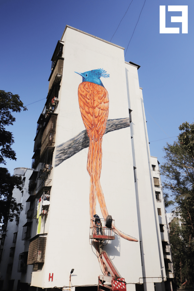 Asian Flycatcher by Shirin Shaikh at Ladies First Street Art Mumbai 2019. Photo: Sahil Shikalgar