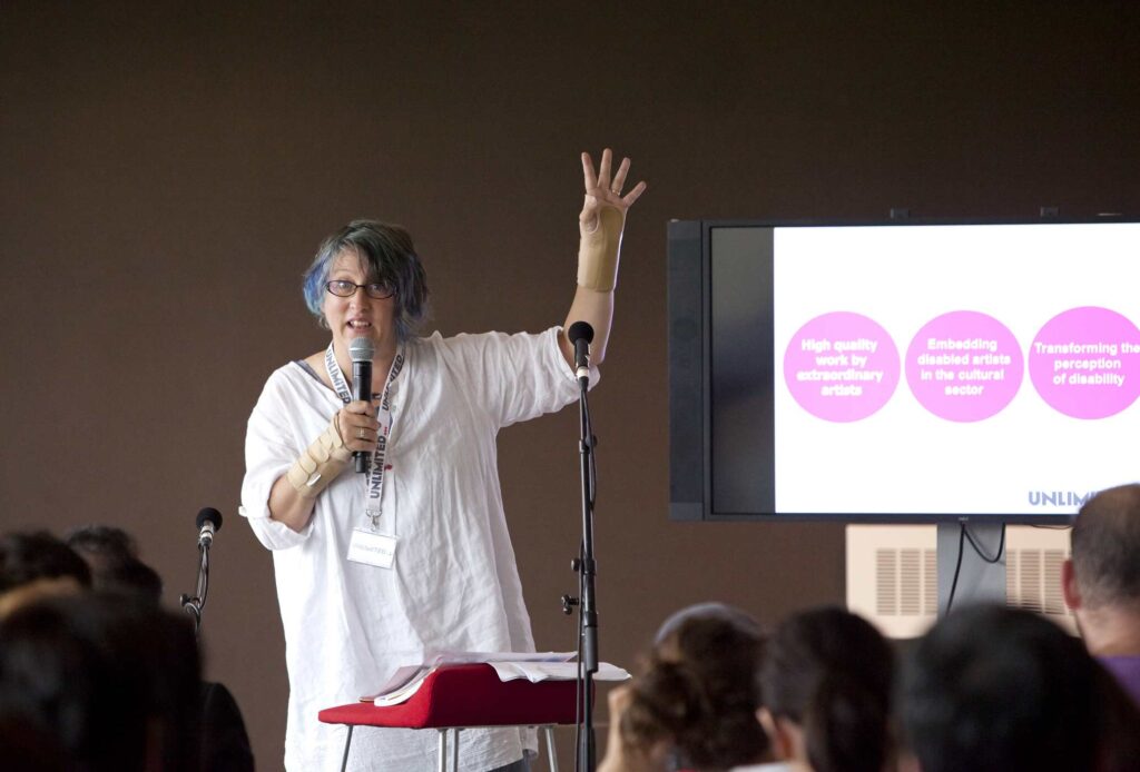 Unlimited Senior Producer Jo Verrent speaking at 'History & Context of Disability Arts in the UK' talk at Southbank Centre's Unlimited Festival 2016 Photo by Rachel Cherry