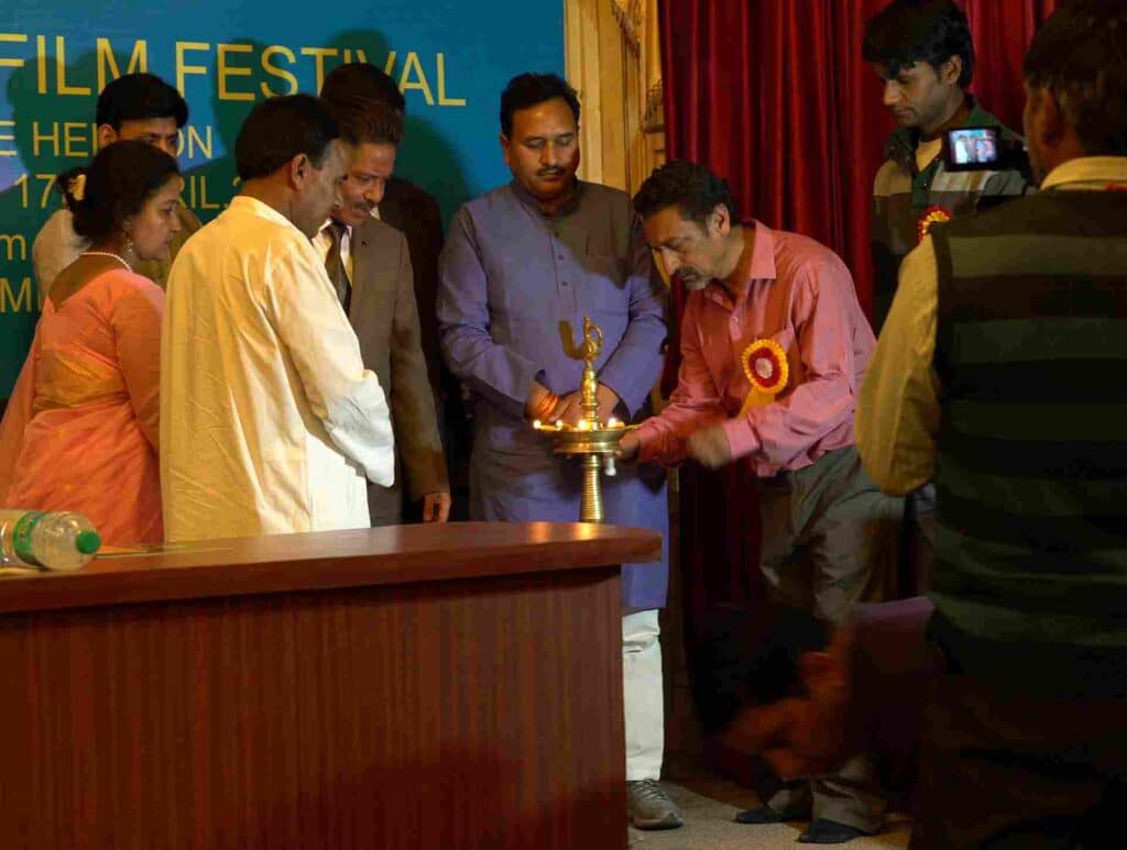 Festival Director Rajesh Shah lights the sacred lamp at Kautik International Film Festival 2017. Photo: Dalton