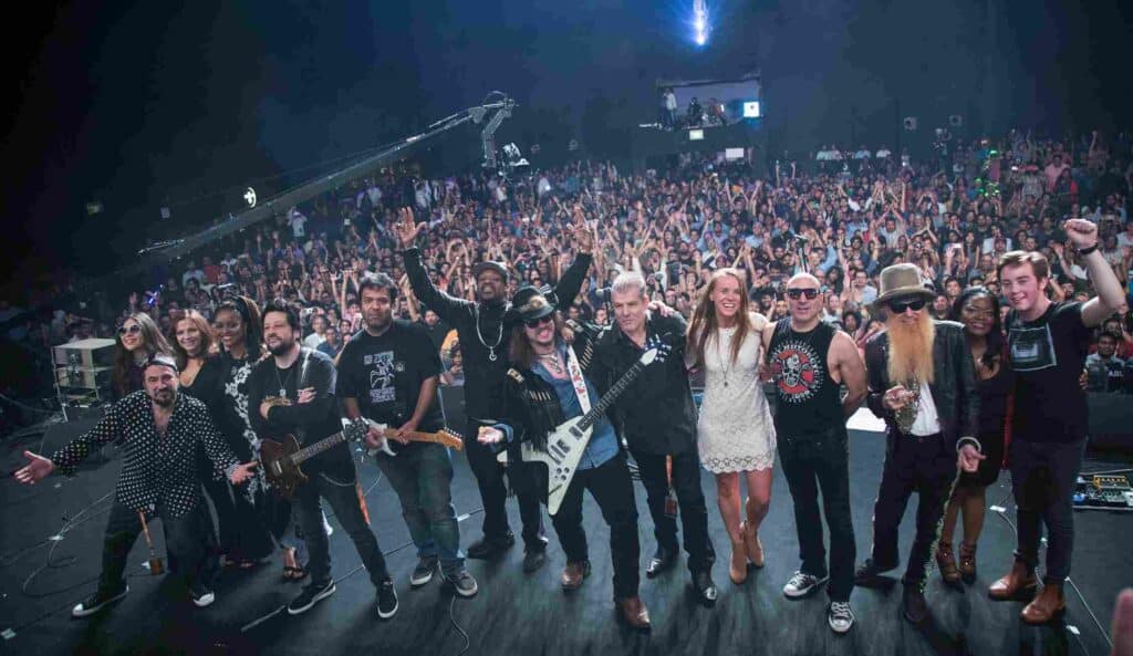The famous All Star Jam family photo at the 7th Mahindra Blues Festival. From left to right, The Supersonic Blues Machine Band - Fabrizio Grossi, Warren Mendonsa of the Blackstratblues, Eric Gales, Lance Lopez and Alessandro Alessandroni Jr. of Supersonic Blues Machine, Grainne Duffy, Kenny Aronoff of the Supersonic Blues Machine, Billy F. Gibbons, Shemekia Copeland and Quinn Sullivan. Photo: Hyperlink Brand Solutions