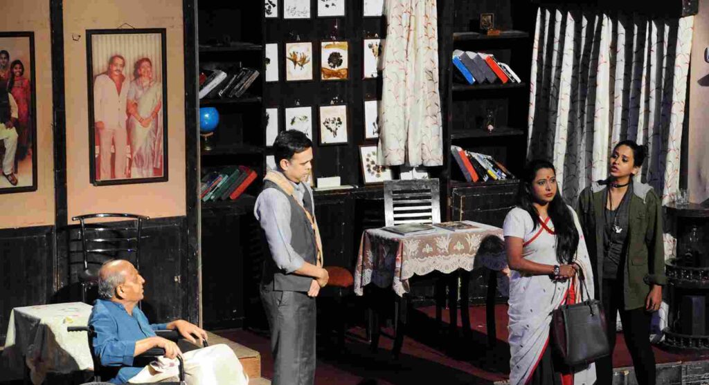 Artists during the performance in Marathi play Ek Shoonya Teen in Pratibimb Marathi Natya Utsav at Experimental Theatre, NCPA. Photo: Narendra Dangiya/NCPA Photos