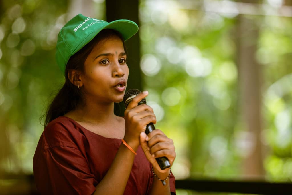 A student from Bandhavi addresses the gathering. Photo: Visthar