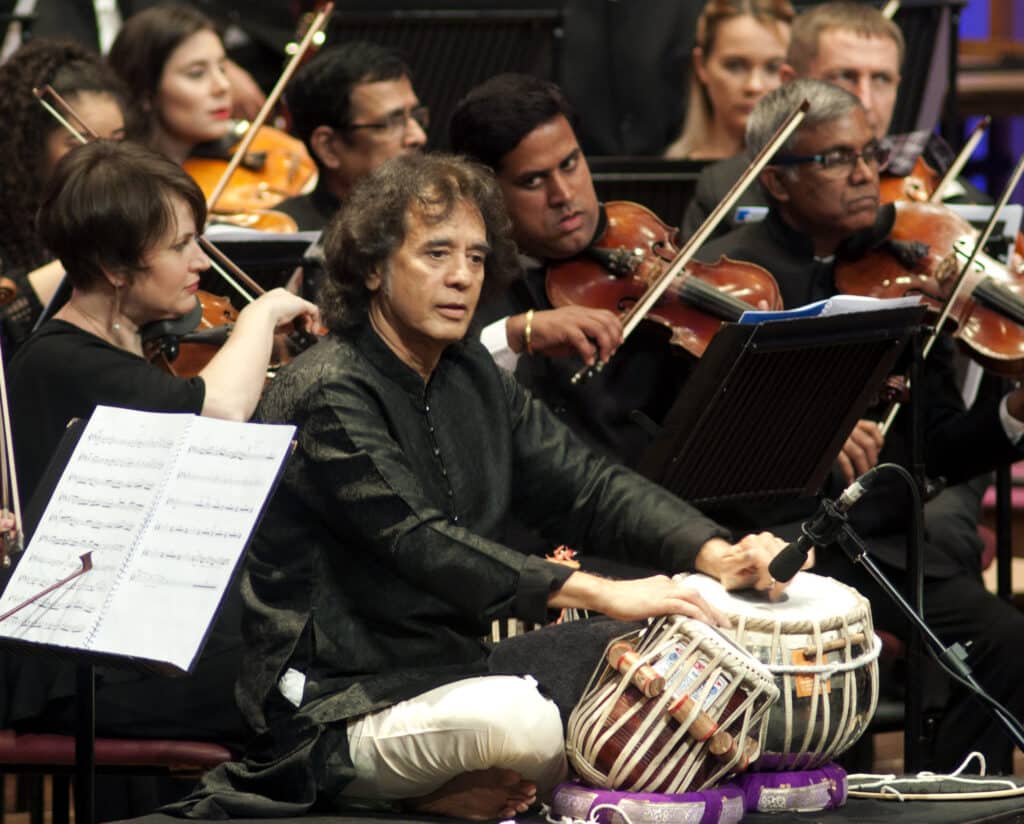 Tabla player Zakir Hussain performs at a concert during the Symphony Orchestra of India Spring 2020 Season, at the National Centre for the Performing Arts' Jamshed Bhabha Theatre. Photo: Narendra Dangiya / NCPA