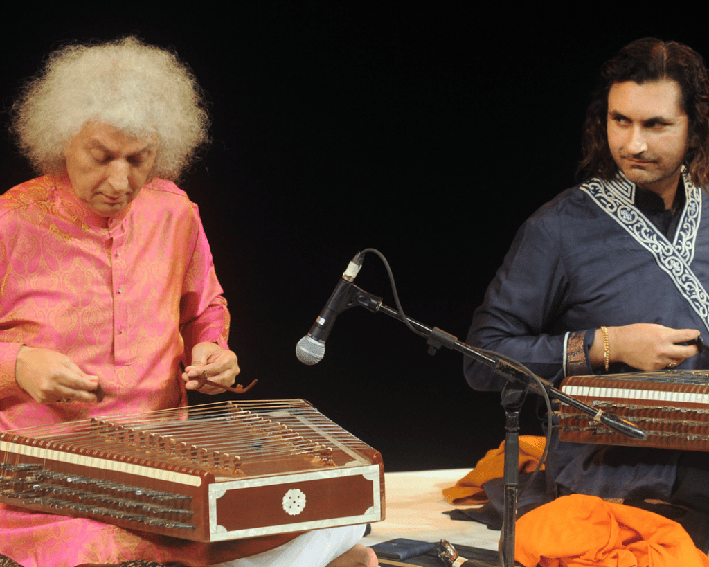 Shivkumar Sharma with his son Rahul Sharma performing at Citi-NCPA Aadi-Anant. Photo: NCPA